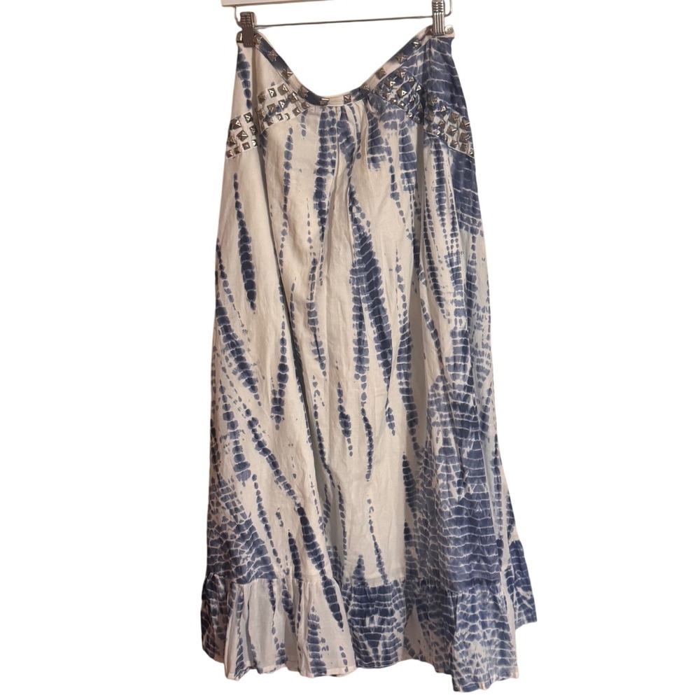 Boston Proper Maxi Skirt Studded Tie Dye Medium Blue White Womens Boho Ruffle